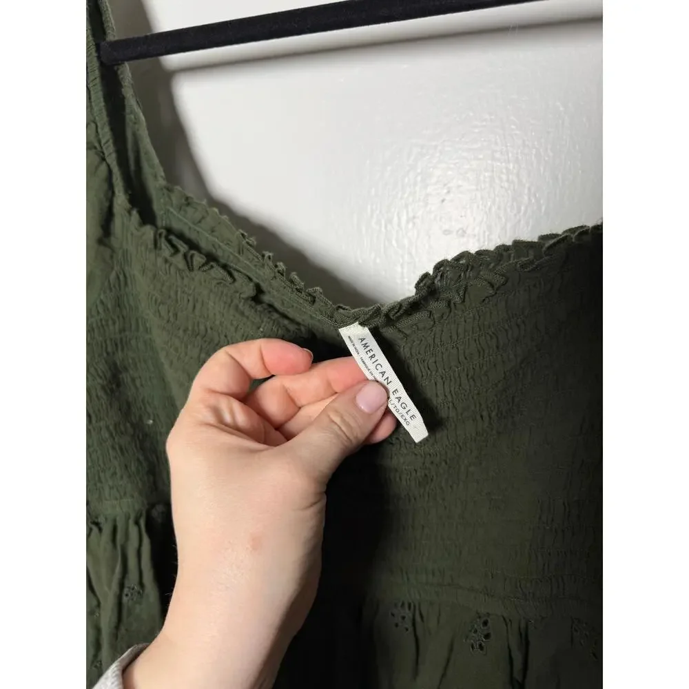American Eagle Olive Green Smocked Boho Coastal Cowgirl Peplum Peasant Top XL - Picture 6 of 9